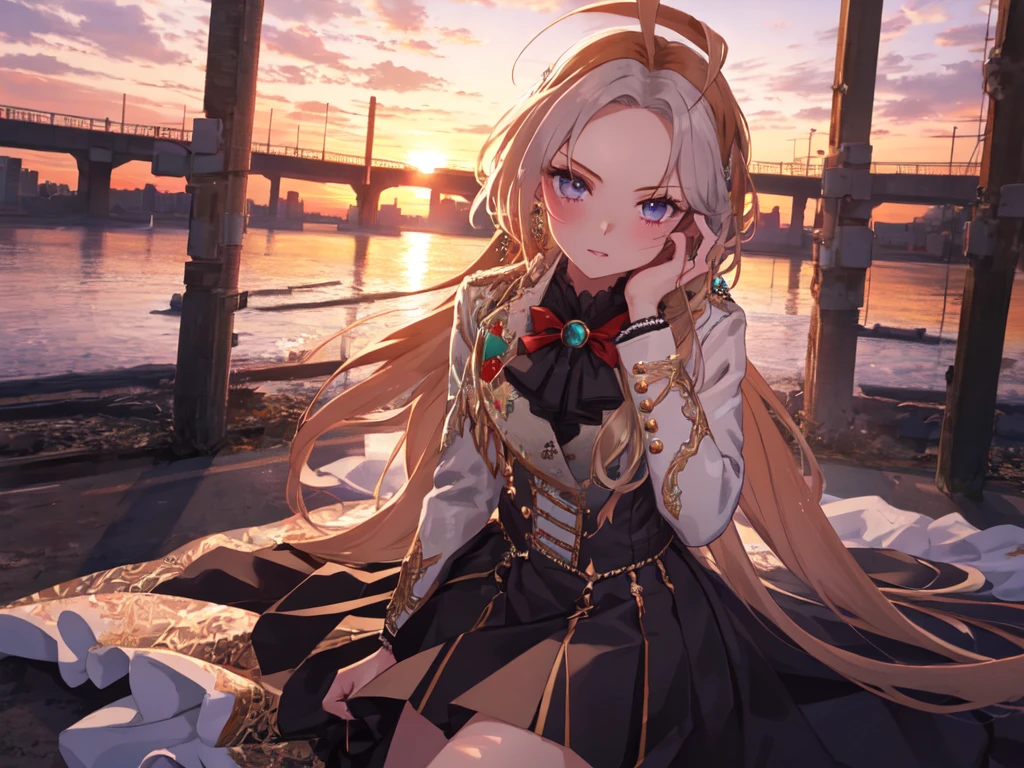 Solo, 1 Girl, (Human Ear, Earring), (Long Hair, Hair Accessory), (Anime Face), (Girl Sitting, Hands on Head), (Lacey Black Wedding Dress, Lacey Black Skirt), (Sunset Sky, Sunset Sun, Evening Sky), (Focus on Chest, Oblique Angle), (High Resolution, Masterpiece, Accurate, Anatomically Correct, Multiple Awards, Top Quality, Detailed, High Quality Model, High Quality, Quality, Retina, Highly Detailed, Textured Skin, Ultra High Resolution).