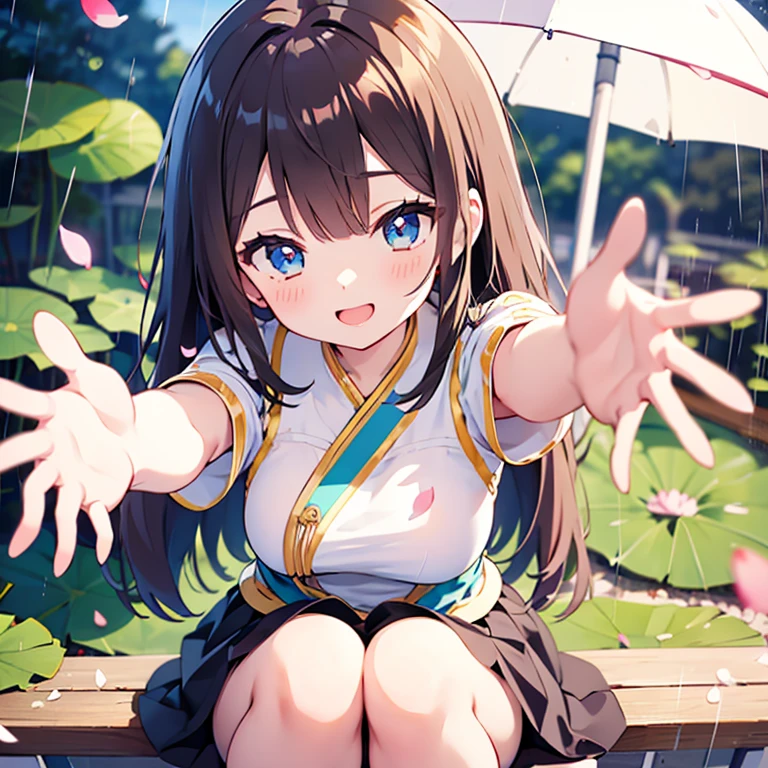  anime idol pose , With open arms,  happy ,  LOTUS SEAT YOGA POSES WITH YOUR KNEES BENDED ,  arm close-up , Arm close-up, Open your arms,  make arms and hands visible.. Additionally , Rain of Petals , Petals Fluttering 