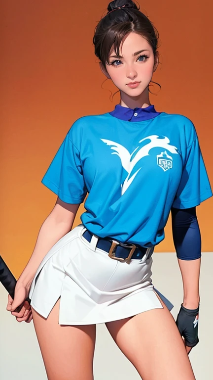  There is a very beautiful woman in the Dragon Ball uniform,woman in a skirt swinging a bat on a baseball field, holding a Baseball bat!!, holding a Baseball bat, leg shot, female baseball player, mid action swing, rule of third!!!!, menacing!!!, hip and leg shot, leg and hip shot, leg and thigh shot, Baseball bat, Akikazu Mizuno,  Shiori Teshirogi