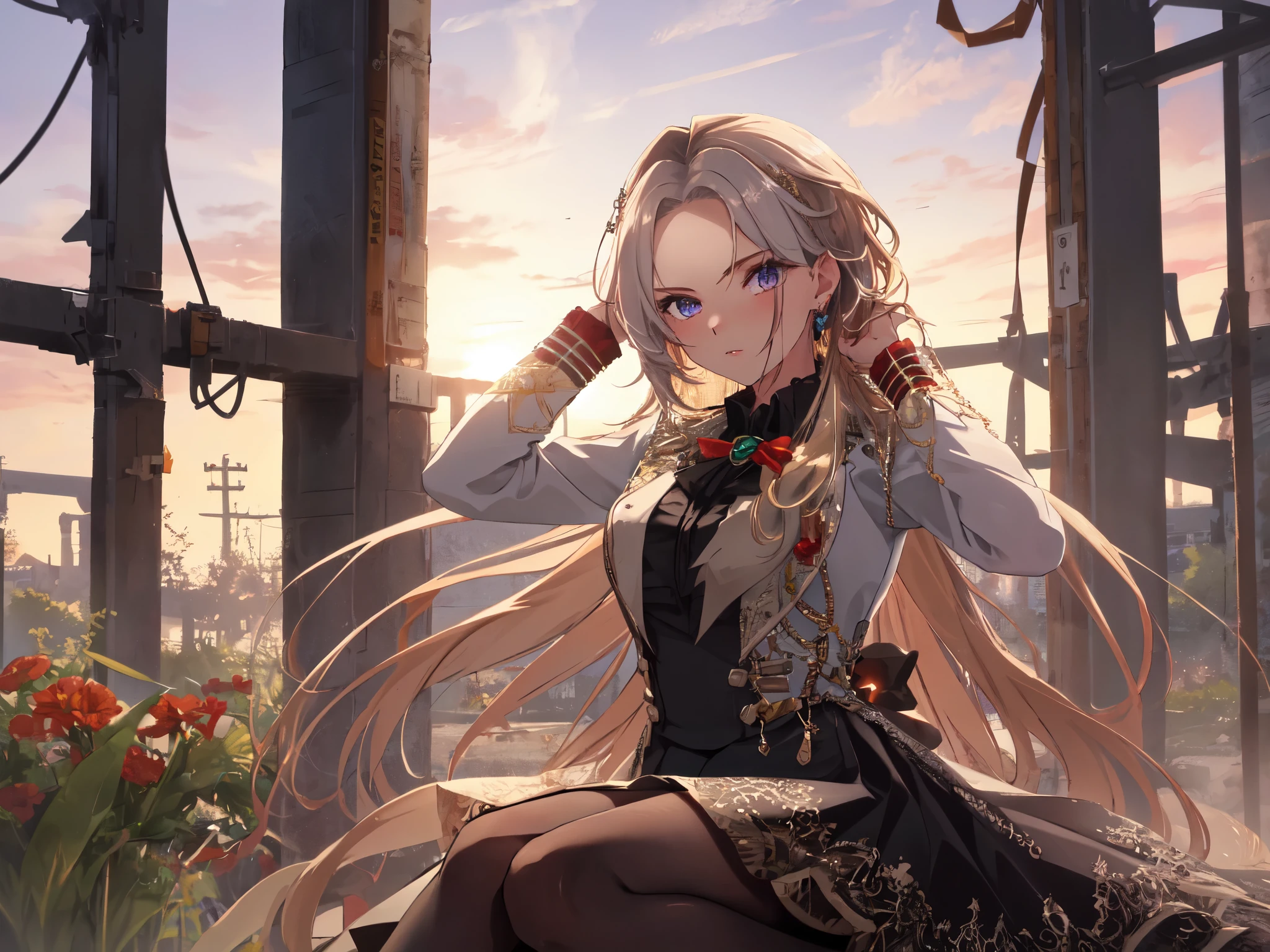 Solo, 1 Girl, (Human Ear, Earring), (Long Hair, Hair Accessory), (Anime Face), (Girl Sitting, Hands on Head), (Lacey Black Wedding Dress, Lacey Black Skirt), (Sunset Sky, Sunset Sun, Evening Sky), (Focus on Chest, Oblique Angle), (High Resolution, Masterpiece, Accurate, Anatomically Correct, Multiple Awards, Top Quality, Detailed, High Quality Model, High Quality, Quality, Retina, Highly Detailed, Textured Skin, Ultra High Resolution).