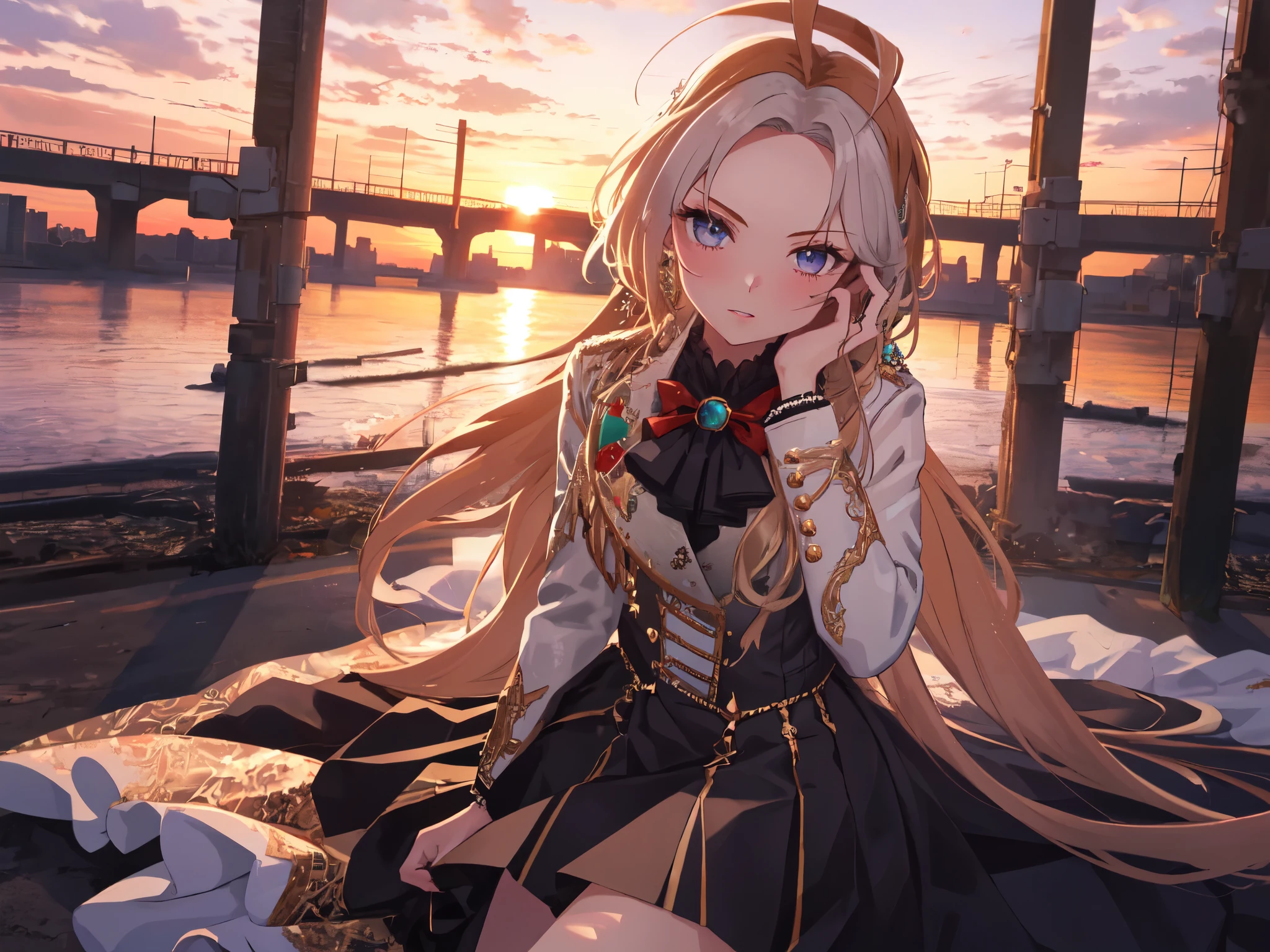 Solo, 1 Girl, (Human Ear, Earring), (Long Hair, Hair Accessory), (Anime Face), (Girl Sitting, Hands on Head), (Lacey Black Wedding Dress, Lacey Black Skirt), (Sunset Sky, Sunset Sun, Evening Sky), (Focus on Chest, Oblique Angle), (High Resolution, Masterpiece, Accurate, Anatomically Correct, Multiple Awards, Top Quality, Detailed, High Quality Model, High Quality, Quality, Retina, Highly Detailed, Textured Skin, Ultra High Resolution).