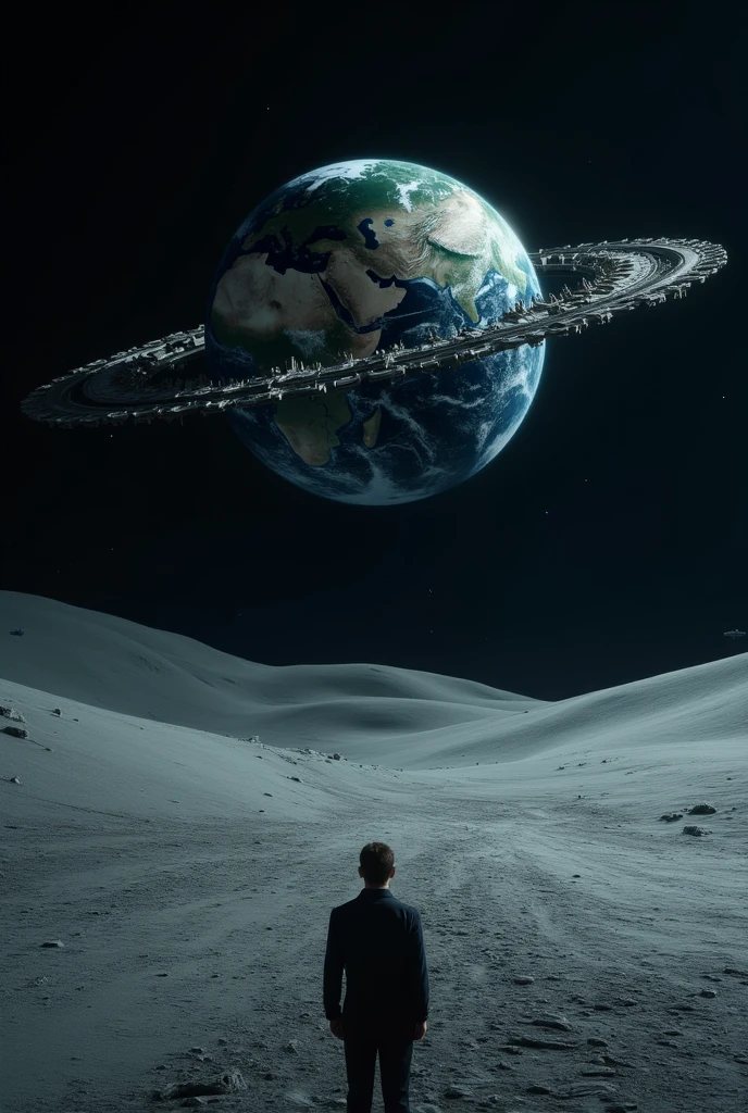  A vision of a person who is viewing planet Earth from the Moon,  a vision where the planet is surrounded by wheels looking like an alien planet, with ships ready for war .