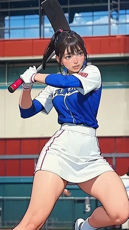  There is a very beautiful woman in the Dragon Ball uniform,woman in a skirt swinging a bat on a baseball field, holding a Baseball bat!!, holding a Baseball bat, leg shot, female baseball player, mid action swing, rule of third!!!!, menacing!!!, hip and leg shot, leg and hip shot, leg and thigh shot, Baseball bat, Akikazu Mizuno,  Shiori Teshirogi