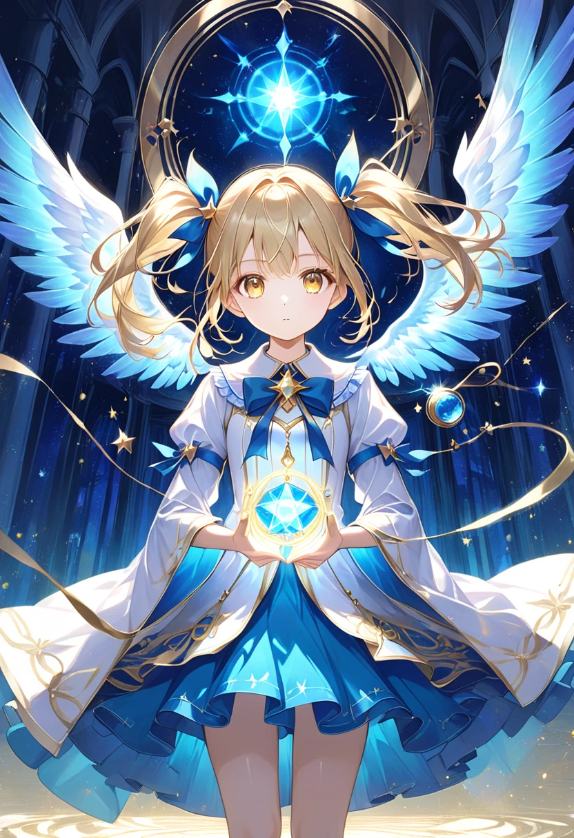 Masterpiece, high quality, high resolution, 16K, background detail, hyperrealistic, digital painting, gold tone, petite girl, full body, small breasts, beautiful face, long eyelashes, fair skin, golden eyes, stars in eyes, big eyes, blond twin-tail hair with blue gradient color, partially transparent fabric, beautiful hair, beautiful skin, magical girl, shining aura, shining crystals, gothic Lolita style dress with an image of light, magic circle decorations on the chest and sleeves, skirt fluttering in the wind, magic wand with a crystal tip, ring, magic stone glowing gold in part of the outfit, light particles, magic circle, casting a spell, holding a wand up, summoning magic up, summoning magic, Makoto Shinkai's magical summoner illustration, summoner stands solemnly behind girl, serious expression, fantastic glow, temple of light, inside temple, solemn atmosphere, sacred atmosphere, magical light,