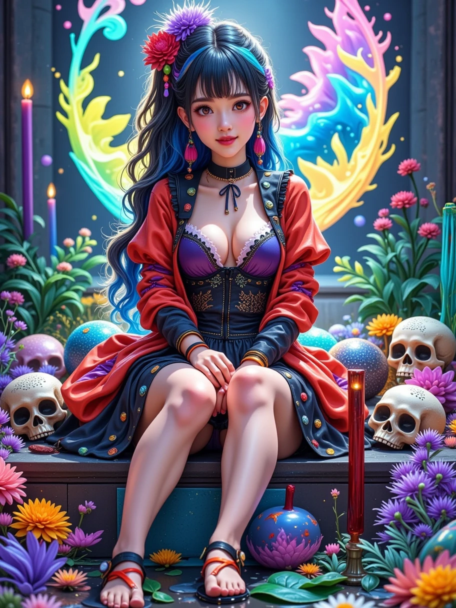 masterpiece, best quality, intricately detailed, a woman, beautiful, Elegant, smile, blood, iridescent long hair, bangs, skirt, shirt, long sleeves, frills, shoes, bowtie, (red and black:1.4), flower, creepy, Horror, skulls, long hair, black hair, candle, blood, hair flower, Alone, hair ornament, bone, sitting, doll, skull, skeleton,  Horror (Theme),  Unreal Engine rendering ,  ethereal rendering , Futuristic battlefield background ,  natural light,  beautiful lighting effects ,  fantasy engine , Super fine, 超HD,  high quality, Perfect composition, (((远景拍摄whole body))), (((whole body))),  is brightly colored , HD,  high detail , Fresh color scheme , , bright and bright colors , ((( dopamine color scheme ))), High Saturation,  High Contrast, 8k