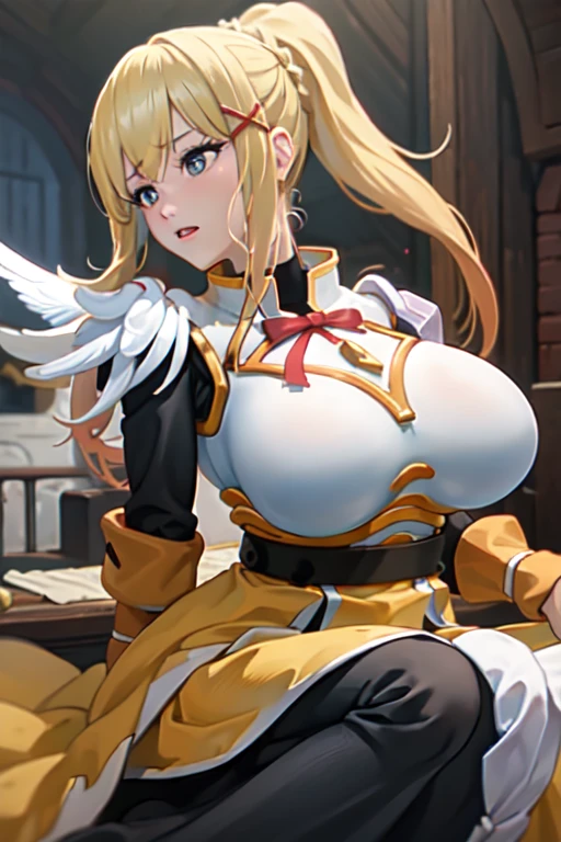 Darkness、KonoSuba、Blonde、High ponytail、gigantic breasts、aroused,see-through,best quality,