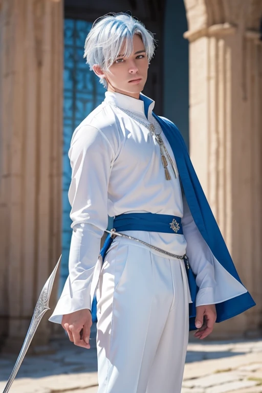 a handsome, attractive, slender, flirtatious prince, short blond hair, blue eyes,torso muscular,white magic medieval costume with blue details, in the background a huge white castle with dark blue roofs with many flags and a magic tower