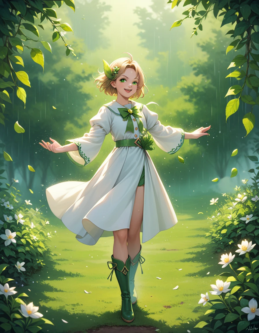 a magical girl transforming into a hero, a young girl becomes a magical girl with the power of a radish fairy, delicate small white petals falling in a heavy rain, white robe with green leaf designs, light green leather boots, holding large radishes in both hands, dynamic pose, confident smile, fighting against an aphid villain that has been anthropomorphized