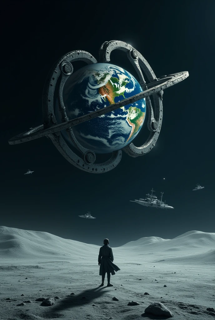  A vision of a person who is viewing planet Earth from the Moon,  a vision where the planet is surrounded by wheels looking like an alien planet, with ships ready for war .