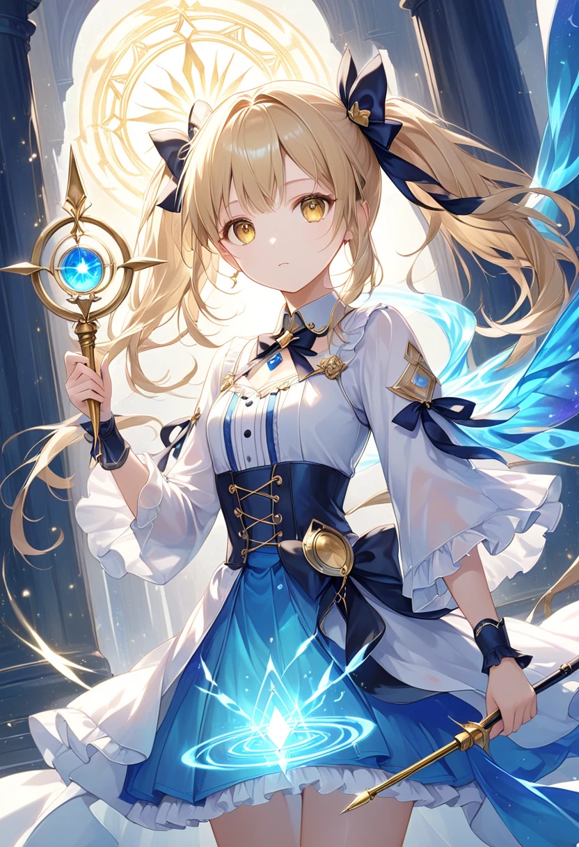 Masterpiece, high quality, high resolution, 16K, background detail, hyperrealistic, digital painting, gold tone, petite girl, full body, small breasts, beautiful face, long eyelashes, fair skin, golden eyes, stars in eyes, big eyes, blond twin-tail hair with blue gradient color, partially transparent fabric, beautiful hair, beautiful skin, magical girl, shining aura, shining crystals, gothic Lolita style dress with an image of light, magic circle decorations on the chest and sleeves, skirt fluttering in the wind, magic wand with a crystal tip, ring, magic stone glowing gold in part of the outfit, light particles, magic circle, casting a spell, holding a wand up, summoning magic up, summoning magic, Makoto Shinkai's magical summoner illustration, summoner stands solemnly behind girl, serious expression, fantastic glow, temple of light, inside temple, solemn atmosphere, sacred atmosphere, magical light,