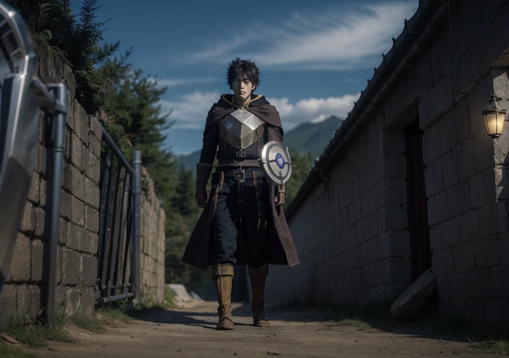 Iwatani Naofumi, the Hero with the Shield, stands in a dark and threatening arena, the glow of twilight barely visible through the stone walls. The cool evening wind blows slightly, raising dust on the beaten floor of the arena. The atmosphere is tense, the shadow of the twilight adding a sinister dimension to the place. The noises of the distant crowd are mixed with the echoes of heavy steps coming from the other side. Mysterious opponents loom in the darkness, ready to attack. Armed with his shield, Naofumi feels the pressure rising, but he knows that the outcome of this fight could determine the fate of all. The sky is getting dark, and as he prepares to face his enemies, he must also face his own doubt: can he still establish himself as a hero, despite everything he has lost and gone through?