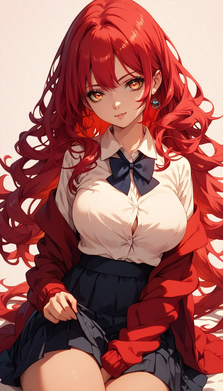 girl, big breasts, lewd expression, long hair, looking at the viewer, yellow eyes, sidelocks, red hair, school girl, skirt, school background