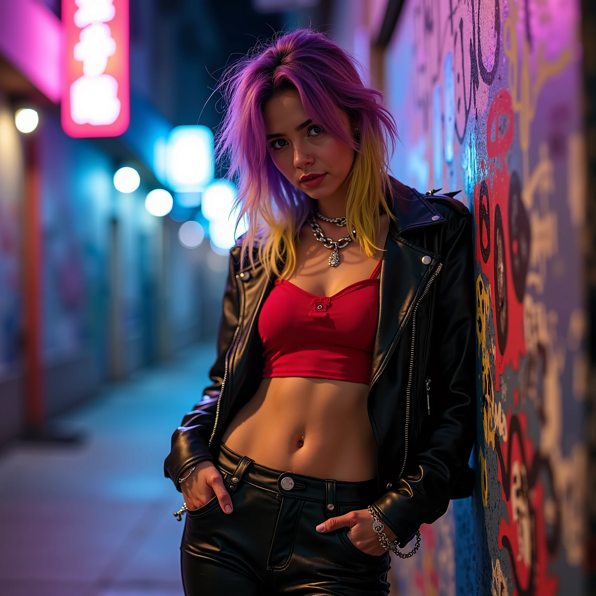 sports bra, sports jacket, sport pants, no panties, ( cyberpunk environment:1.2),makeup,, (1 girl:1.4),best quality, masterpiece, (realistic:1.2), young woman, a lady, detailed face, detailed eyes, detailed hair, detailed skin,look at viewer, dramatic, vibrant, sharp focus,50mm,F1.2, EOS R8,(3/4 body:1.2),standing,(complex background:1.6),(Best quality details:1.2),8K High definition,