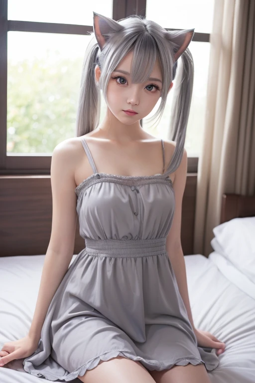 (masterpiece, Highest quality, High resolution: 1.2), 1 girl, alone, Twin tails, Grey Eyes, Upper Body, dress, Silver Hair, Cat ear