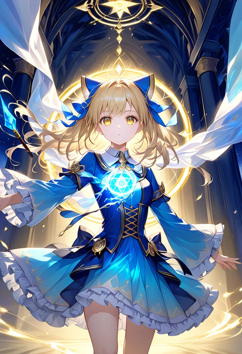 Masterpiece, high quality, high resolution, 16K, background detail, hyperrealistic, digital painting, gold tone, petite girl, full body, small breasts, beautiful face, long eyelashes, fair skin, golden eyes, stars in eyes, big eyes, blond twin-tail hair with blue gradient color, partially transparent fabric, beautiful hair, beautiful skin, magical girl, shining aura, shining crystals, gothic Lolita style dress with an image of light, magic circle decorations on the chest and sleeves, skirt fluttering in the wind, magic wand with a crystal tip, ring, magic stone glowing gold in part of the outfit, light particles, magic circle, casting a spell, holding a wand up, summoning magic up, summoning magic, Makoto Shinkai's magical summoner illustration, summoner stands solemnly behind girl, serious expression, fantastic glow, temple of light, inside temple, solemn atmosphere, sacred atmosphere, magical light,