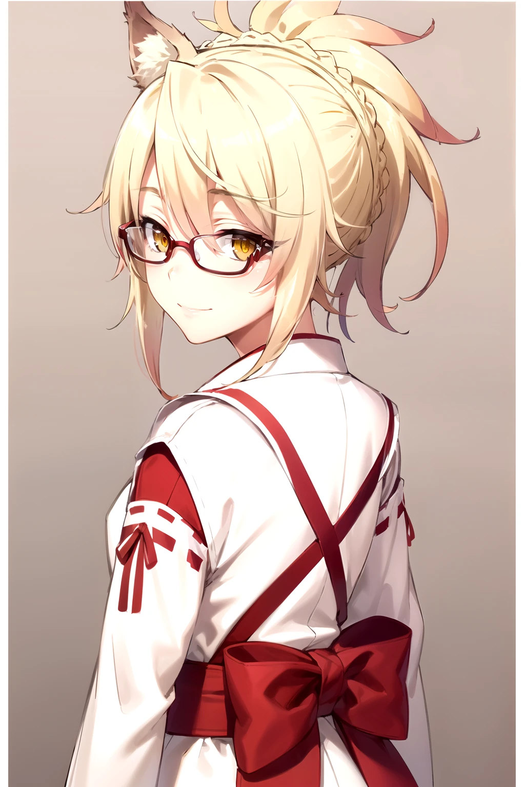  masterpiece ,  Best Quality , 1 girl, feel, blonde hair,  short hair, collect,  yellow eyes,  Fox ears ,  Japanese clothing , red as well, Monkey, looking at the viewer,  upper body, smile, Alone, ( simple background , solid gray background ) sarifi , smile, string, neck, ( masterpiece ,  better quality , Detailed:1.3)  A kitsume with dark orange, voluminous hair in a ponytail that reaches her lower back, bright orange eyes, dark, thick tail with a white tip ,  wearing a maid's costume and glasses like a librarian  