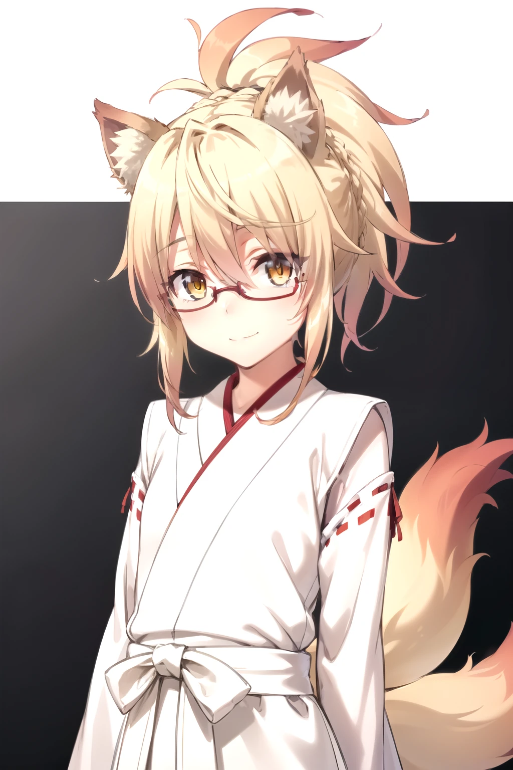  masterpiece ,  Best Quality , 1 girl, feel, blonde hair,  short hair, collect,  yellow eyes,  Fox ears ,  Japanese clothing , red as well, Monkey, looking at the viewer,  upper body, smile, Alone, ( simple background , solid gray background ) sarifi , smile, string, neck, ( masterpiece ,  better quality , Detailed:1.3)  A kitsume with dark orange, voluminous hair in a ponytail that reaches her lower back, bright orange eyes, dark, thick tail with a white tip ,  wearing a maid's costume and glasses like a librarian  