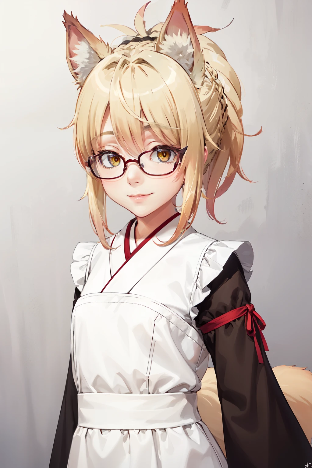  masterpiece ,  Best Quality , 1 girl, feel, blonde hair,  short hair, collect,  yellow eyes,  Fox ears ,  Japanese clothing , red as well, Monkey, looking at the viewer,  upper body, smile, Alone, ( simple background , solid gray background ) sarifi , smile, string, neck, ( masterpiece ,  better quality , Detailed:1.3)  A kitsume with dark orange, voluminous hair in a ponytail that reaches her lower back, bright orange eyes, dark, thick tail with a white tip ,  wearing a maid's costume and glasses like a librarian  