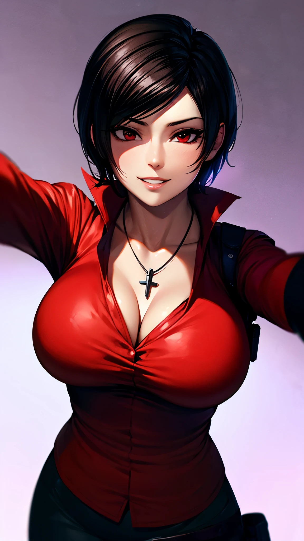 （ super quality, ultra high resolution with forest background,16k,super masterpiece,Ultra HD ,Detailed shading and background,）ada wong,Resident evil 6,sexy,Photographing the upper body,Short, straight, black hair ,（A red shirt suit that has been unbuttoned, spread wide, and stood straight,Folded sleeves, black long gloves,Tight black pants, black long boots ,） cross necklace, provocative smile ,Thick lips,Neon city at night,