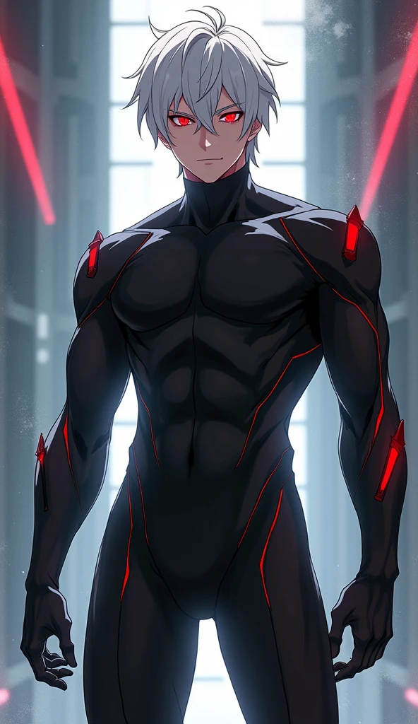masculine man, tall, muscular, long-sleeved sports shirt made of black lycra, short black hair combed back and red eyes, black belt and black gloves, slim, 24 years old
