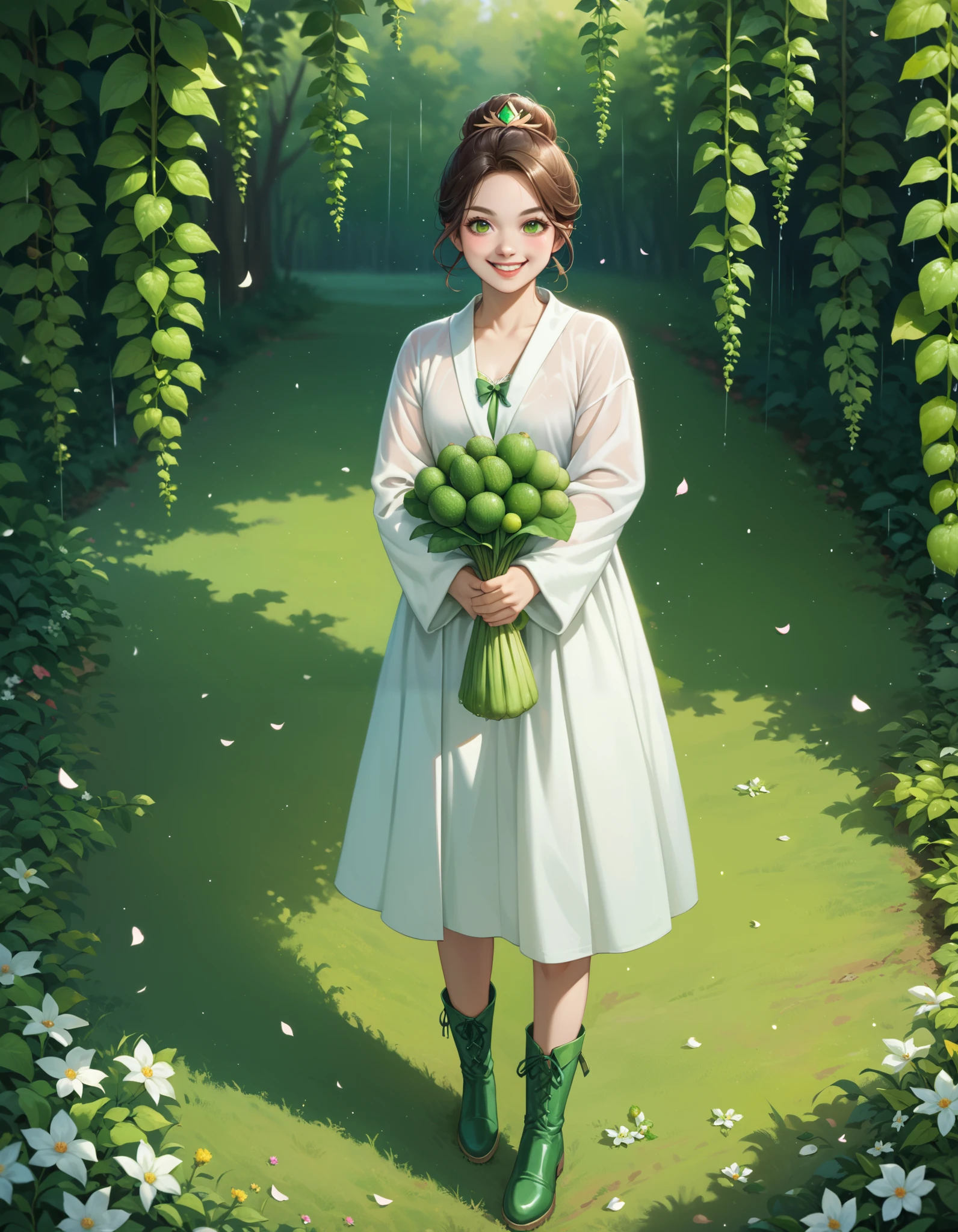 a magical girl transforming into a hero, a young girl becomes a magical girl with the power of a radish fairy, delicate small white petals falling in a heavy rain, white robe with green leaf designs, light green leather boots, holding large radishes in both hands, dynamic pose, confident smile, fighting against an aphid villain that has been anthropomorphized