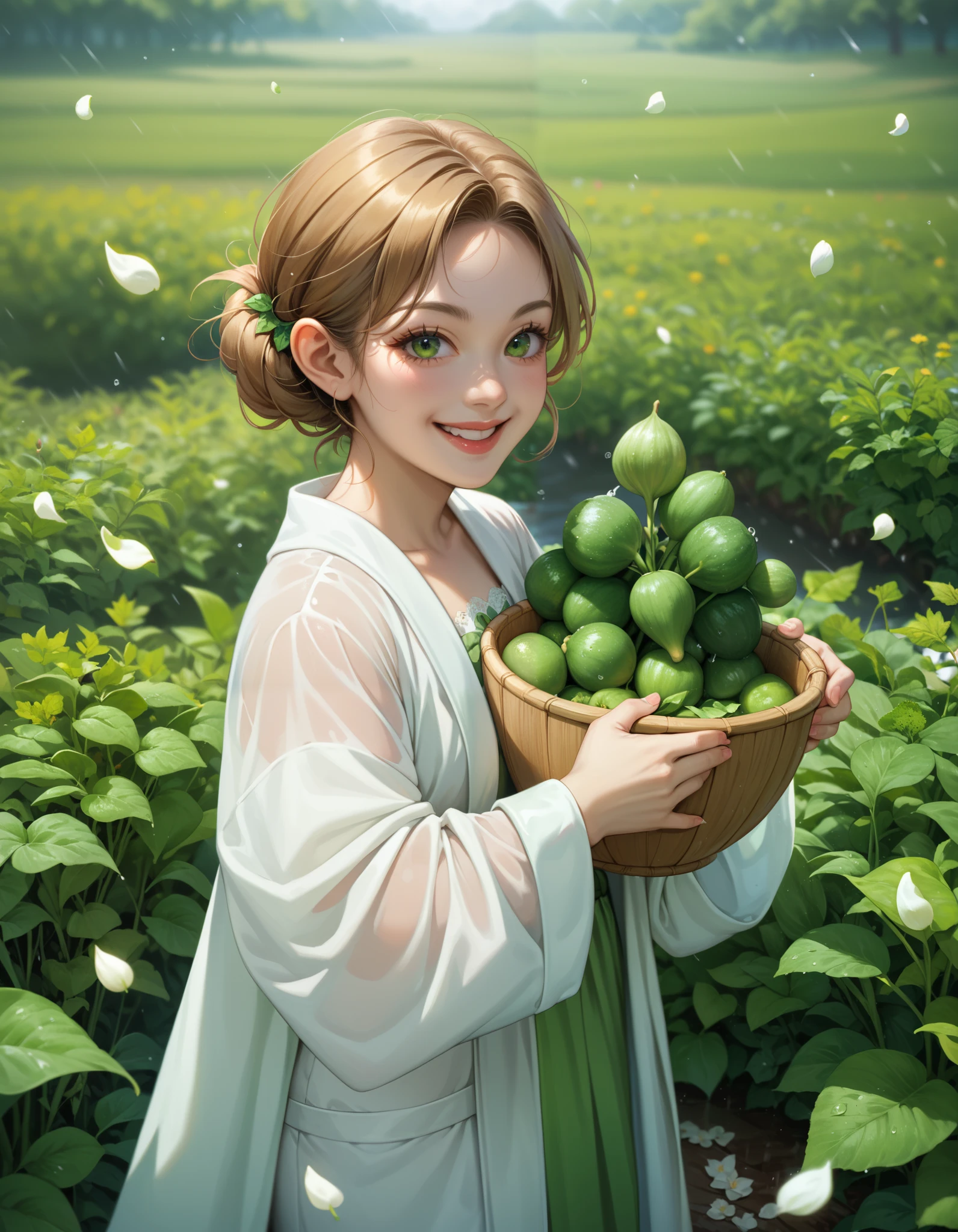 a magical girl transforming into a hero, a young girl becomes a magical girl with the power of a radish fairy, delicate small white petals falling in a heavy rain, white robe with green leaf designs, light green leather boots, holding large radishes in both hands, dynamic pose, confident smile, fighting against an aphid villain that has been anthropomorphized