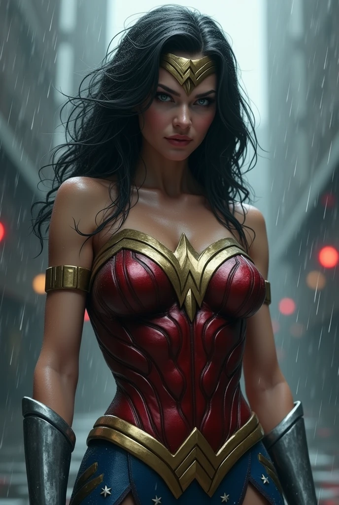 A beautiful woman under the mantle of the Amazon warrior Wonder Woman has long hair, black with a silver metal diaema this Diaema wears a red star on her forehead,His eyes are light blue. Her superheroine costume is samurai themed.. Her costume usually includes a blue jumpsuit and a gold armor top over her jumpsuit on her knees screaming exhausted after an extensive battle blood around her in an apocalyptic and rainy city cars and buildings on fire