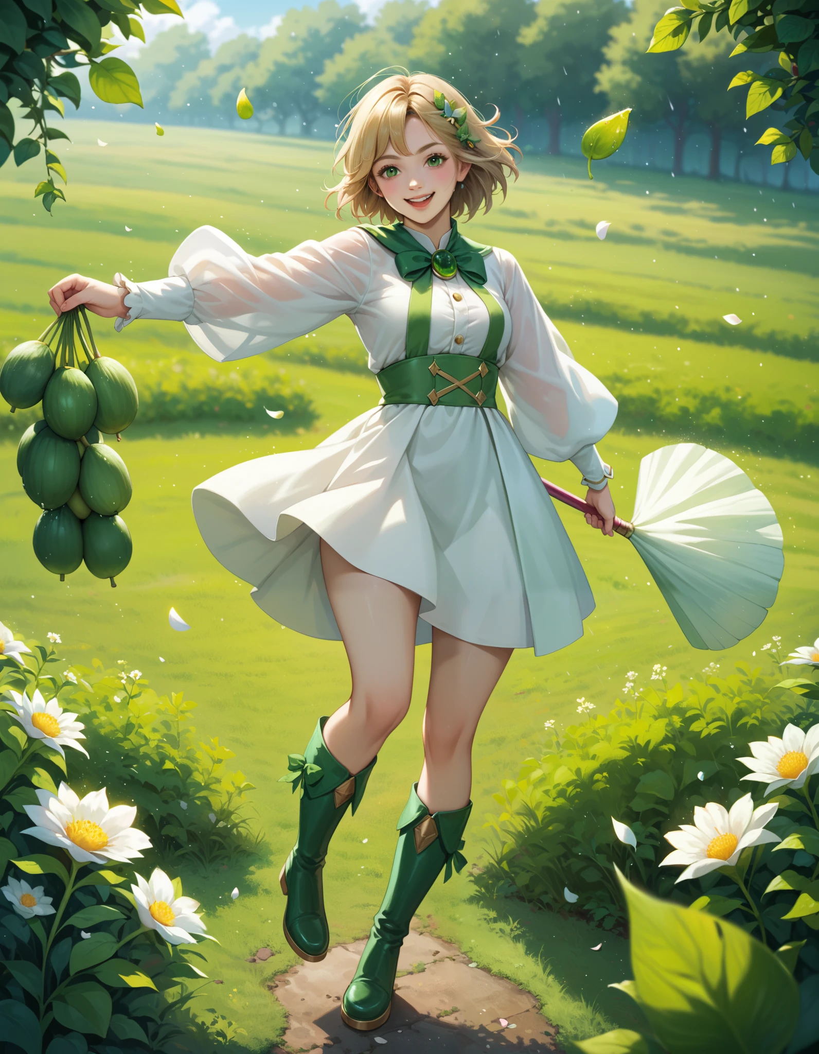 a magical girl transforming into a hero, a young girl becomes a magical girl with the power of a radish fairy, delicate small white petals falling in a heavy rain, white robe with green leaf designs, light green leather boots, holding large radishes in both hands, dynamic pose, confident smile, fighting against an aphid villain that has been anthropomorphized