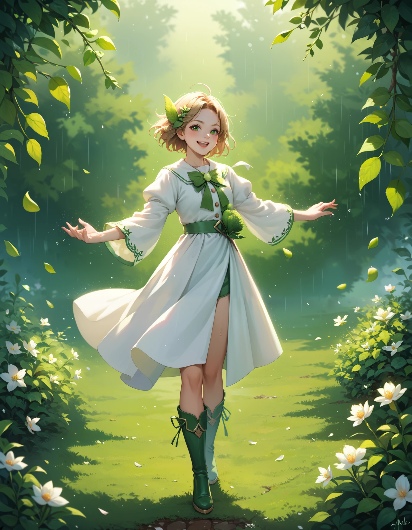 a magical girl transforming into a hero, a young girl becomes a magical girl with the power of a radish fairy, delicate small white petals falling in a heavy rain, white robe with green leaf designs, light green leather boots, holding large radishes in both hands, dynamic pose, confident smile, fighting against an aphid villain that has been anthropomorphized