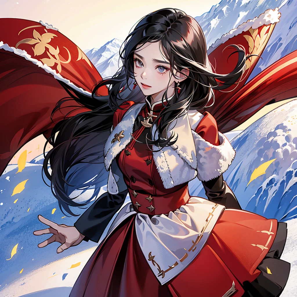  high definition , 1 Female, Alone,  Hip Up, ( detailed face ),  black hair,  long hair,  red dress 、,Beautiful clothes,  jewelry, snowy landscape background 