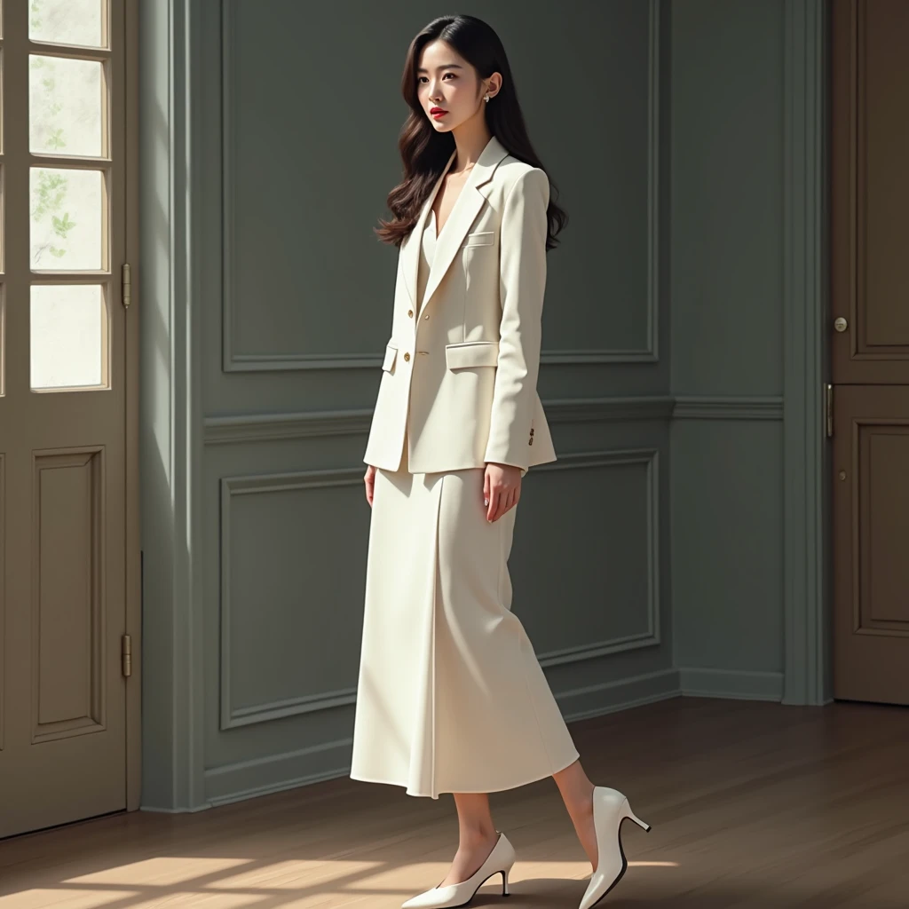 (Actual picture 1 .5), (( best quality )), ((masterpiece)), ( Detailed ) 1 woman( white outerwear ,22 years old,  Korean girl,Long skirt, white shoes ,Attention, Immovable posture ,Skirt office ,) ( full body 1 .9), ,. , Standing. Smile. Pure,  long pointed nails