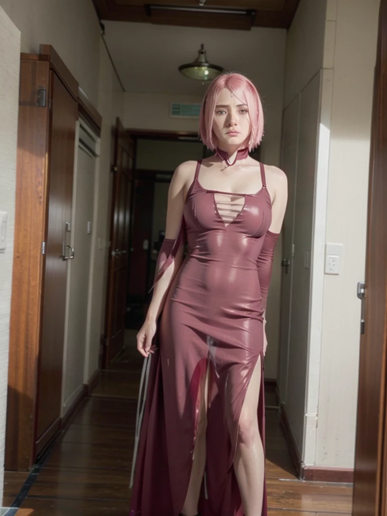 8k, RAW photo, best quality, ultra high resolution, photorealistic, (slim) girl with pink bob hair, eye makeup, solo, full body, legs, abs, slender body, black eyes, beautiful eyes, masterpiece, highly detailed