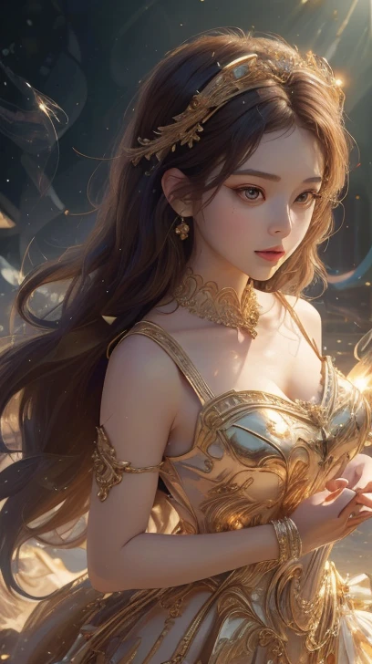 One Zodiac Goddess from the Future, Zodiac goddess wearing ao dai to hide her chest, The Zodiac Goddess wears a bright yellow gold vest, 女神は明るいピンク紫色のconstellationのオーラを放っている, 星は12constellationの形をしています, Zodiac goddess wearing a golden zodiac ao dai with many black details, 未来から来た12constellationの神話の女神, constellation ♏, Zodiac Style, Dark and mysterious version, ample , Red lips are well-balanced and very beautiful, Characters by Karol Baque and Pino Daeni, Intricate details, Detailed Background, Many objects in the background, Very detailed, Magic lighting, woman, A clearly drawn face, Beautiful face and symmetrical eyes, Big round eyes and very beautiful and detailed makeup, distant focus, Silk clothing, Mysterious decoration, Upper body portrait, Arms loosen, Realistic and vivid photos, (The stars that make up the zodiac: 1.7), (Zodiac sky background and fantasy portal of space and time: 1.8 ), Fiction Art, RAW images, style fantasy hanfu, Long sleeves that cover both hands, Two outstretched arms,
