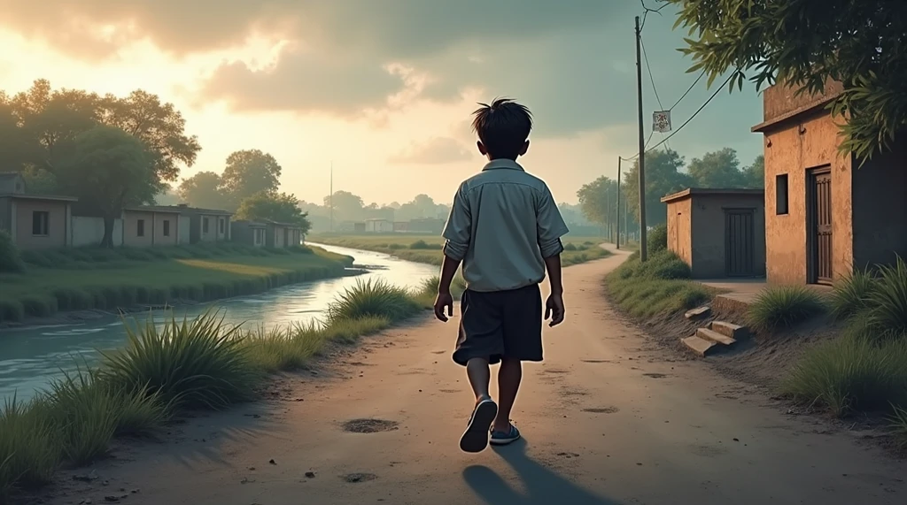 A child , going to school, with white uniform, Unripe, yellow and blue   , blue pants, black shoe, slickedback hair 