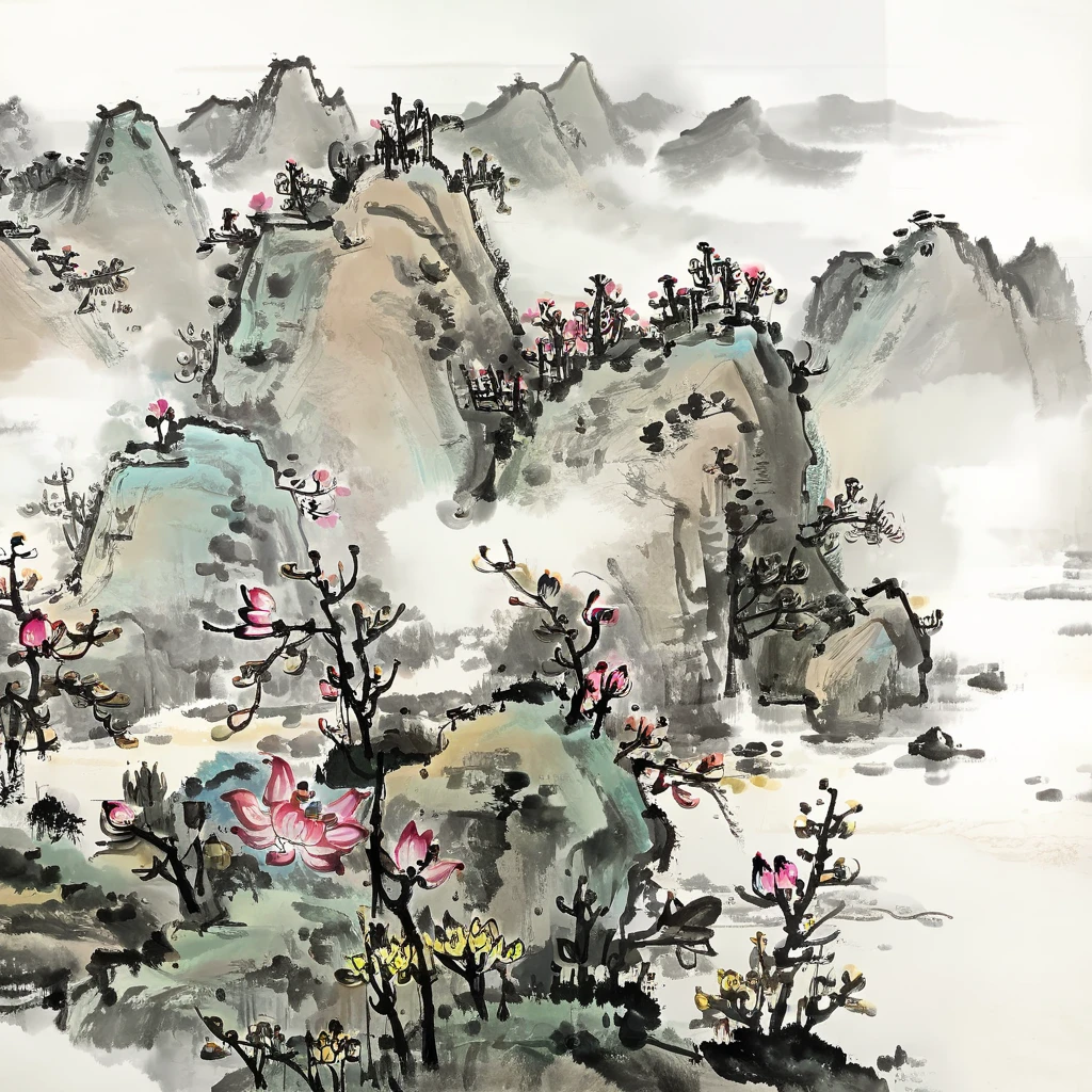 Ink painting, Chinese Painting,Chinese ink painting,ink water,li keran, dong xiwen, rural scenery in northern China, yellow flowers blooming on both sides of the hilly road, (flowers: 1.1), (buds: 1.4), flowers in full bloom, mountains in northern China in the distance, many tourists walking on the winding path, official art, watercolor ink painting on parchment, watercolor ink, ink, ink painting, ((simple)), simple, minimalist, beige, white background, mist, distant mountains, ink style, ink painting, rice paper texture, clean, no text, no title, light white and light gray