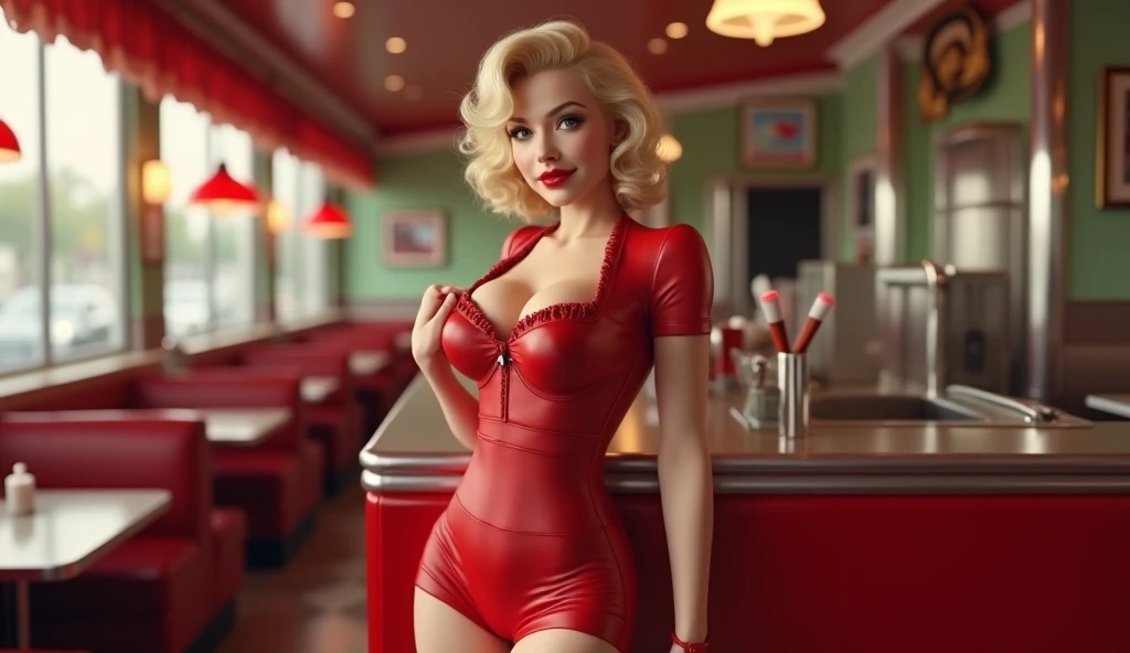 (Best Quality,4k,8k,High resolution,masterpiece:1.2),ultra-detailed,(realist, photo-realist,photo-realist:1.37), ((Best Quality)), ((masterpiece)), (detailed), ((marilyn monroe)), sexy waitress, short and tight, uniform from the 50s, ((whole body)), 50s style hair and makeup, ((50's diner)), ((large breasts and hips)), ((small waist)), ((Figura clásica de chica pin-up with curvas de los años 50 y pestañas largas, Typical American Facial Features of a Teenager.)), linda sonrisa de tarta de queso with hoyuelos, ((flushed, pink cheeks)), ((super mini skirt showing long, shapely legs)), Bobby Parish, well drawn, Perfect eyes, (well drawn hands), perfect teeth, (well drawn anatomy) (kitsch), (cinematic lighting)), (cinematic lighting)), (cinematic lighting)), (cinematic lighting)

Traducido with DeepL.with (free version)