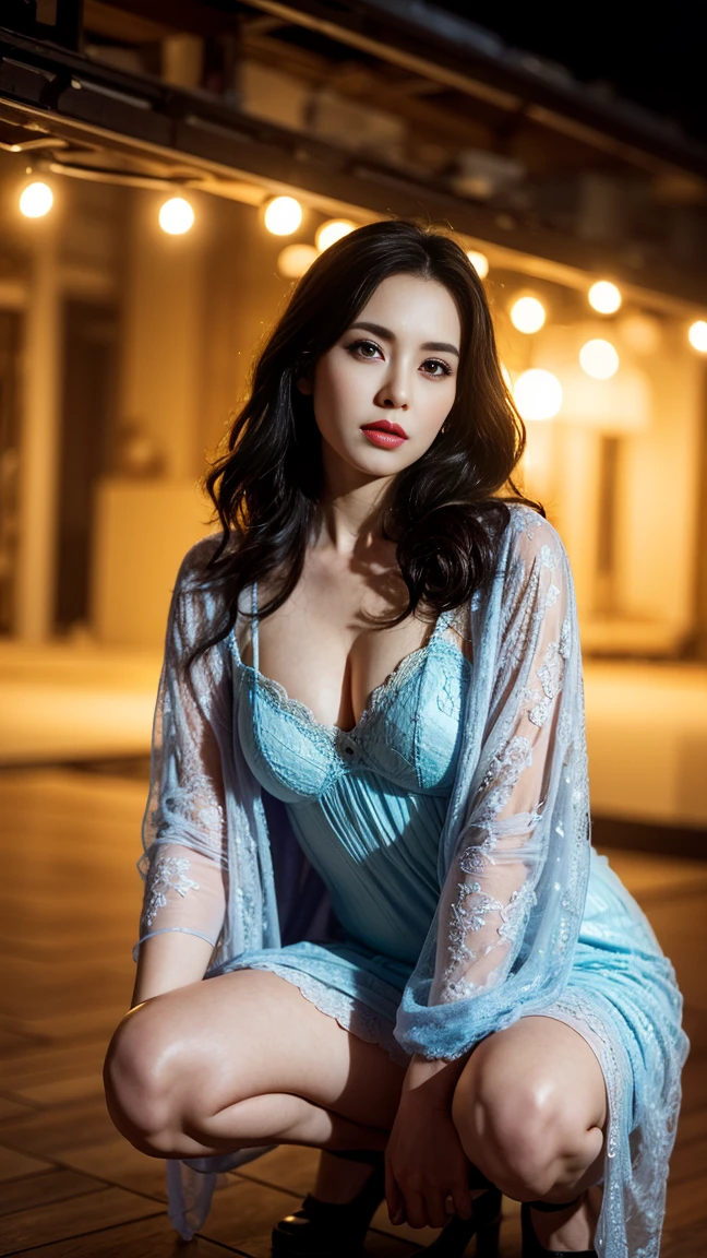 A beautiful 30-year-old woman, detailed face features, squatting and spreading legs, A silk nightgown under a coat,  surreal, (best quality,4k,8k,highres,masterpiece:1.2),ultra-detailed,(realistic,photorealistic,photo-realistic:1.37),HDR,UHD,studio lighting,ultra-fine painting,sharp focus,physically-based rendering,extreme detail description,professional,vivid colors,bokeh,surreal,dreamlike,ethereal,dramatic lighting,cinematic