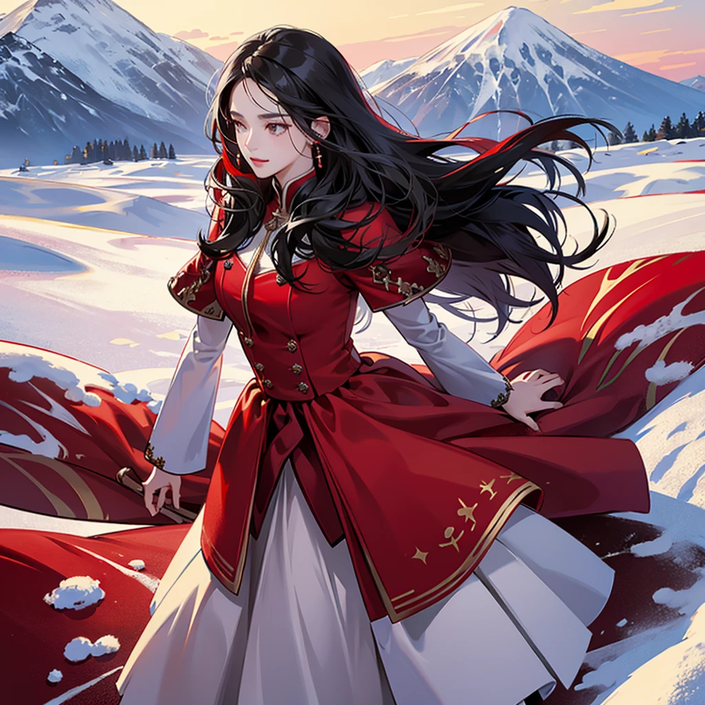  high definition , 1 Female, Alone,  Hip Up, ( detailed face ),  black hair,  long hair,  red dress 、,Beautiful clothes,  jewelry, snowy landscape background 