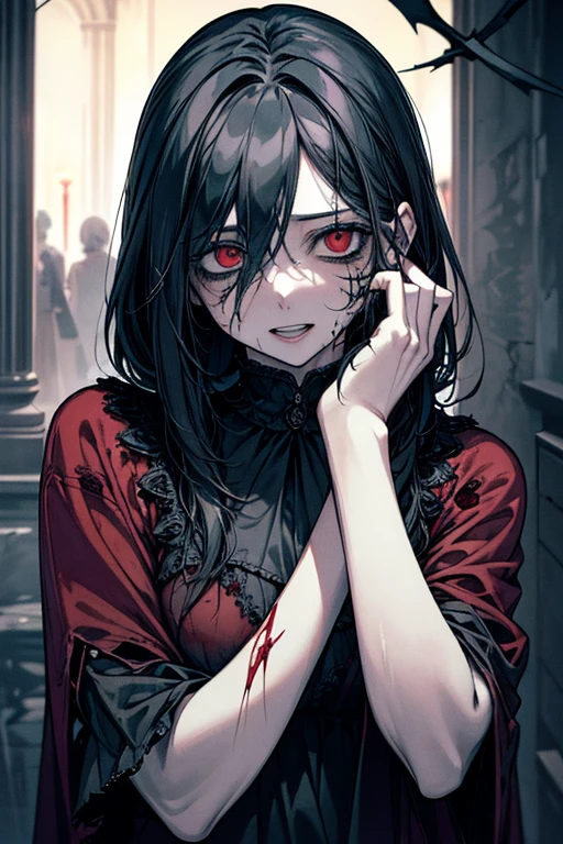 (masterpiece:1.2, Highest quality), (Actual Photos, Intricate details), (1 female, alone, Upper Body, Small breasts) ，Scary atmosphere、Distorted facial expressions、Horror Art、Bloodの雨、Bloodを流す、Bloodしぶき、悪魔のeye、redいeye、scar、、火scar、whole body、Torn slave clotheessy hair、（Long Hair）、（eyeにかかる長さの前髪）、、Black Hair、（（（eyeの下のクマ）））、青白いskin、Feeling unwell、Pathological、邪悪な笑face、狂ったeye、（Grin）Dramatic makeup，Create mixed media art、White Background(zombie:1.2),Horror 1 Girl, Open_mouth, , red_eye, Blood, Tilt_red_skin, bandage, Injury, Blood_upon_face, bandageを巻いた_arm, Blood_upon_zombie, Blood_upon_hand