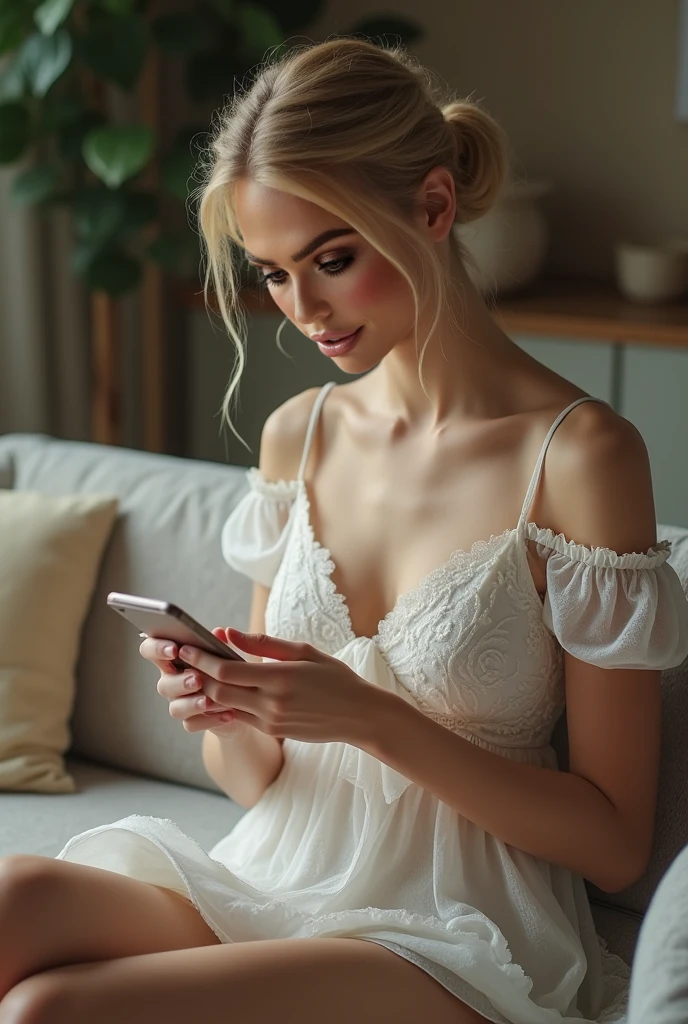 In an intimate and cozy room, soft candlelight creates a serene and welcoming atmosphere. A young woman of about 20 is sitting in a comfortable armchair, wrapped in a silk robe that frames her figure delicately. Her blonde hair falls in soft waves over her shoulders., and his brown eyes reflect a mixture of curiosity and serenity. She holds an old leather-bound book, your delicate hands carefully turning the pages as you delve into the story.

The room is filled with the gentle fragrance of incense, adding a layer of tranquility to the air. Ao fundo, a half-open window reveals a moonlit garden, its soft silver rays gently filtering through the lace curtains. Young woman seems engrossed in reading, getting lost in the words that transport your imagination to distant places and fascinating stories.