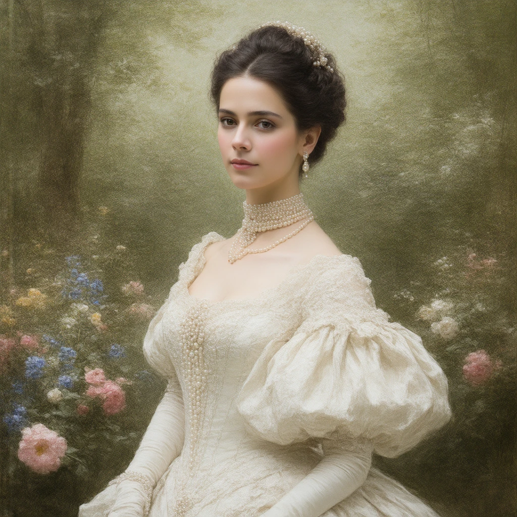 Create a portrait, old picture of a women lady in a silk dress, with a dead garden background in the style of John Singer Sargent, horror, desaturated, hand paint