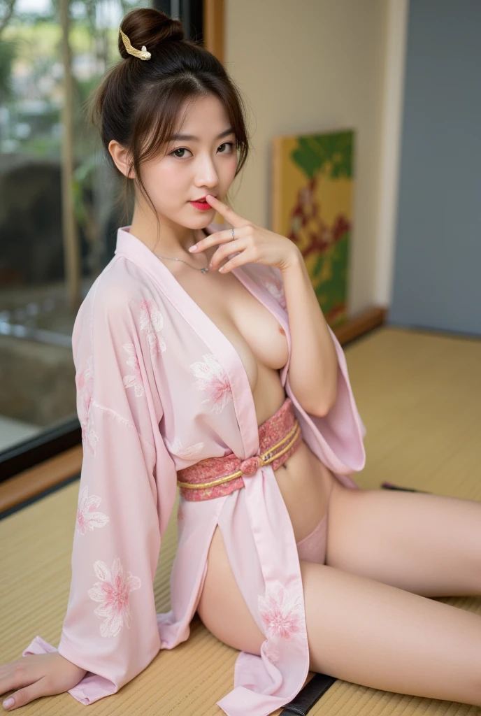 8K　Historical drama style　Beautiful slender Japanese  princess with long black hair　Gorgeous embroidery, Ultra glossy, She is wearing a shiny Heian period princess kimono.　She exposes her nipples and squeezes out breast milk on the futon