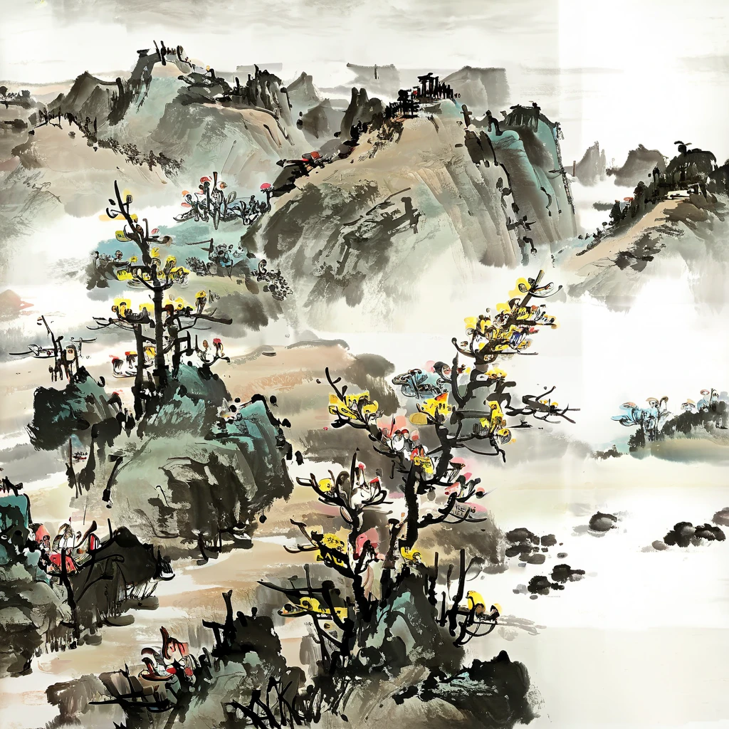 Ink painting, Chinese Painting,Chinese ink painting,ink water,li keran, dong xiwen, rural scenery in northern China, yellow flowers blooming on both sides of the hilly road, (flowers: 1.1), (buds: 1.4), flowers in full bloom, mountains in northern China in the distance, many tourists walking on the winding path, official art, watercolor ink painting on parchment, watercolor ink, ink, ink painting, ((simple)), simple, minimalist, beige, white background, mist, distant mountains, ink style, ink painting, rice paper texture, clean, no text, no title, light white and light gray