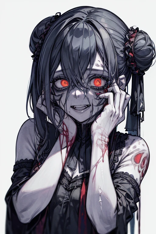 masterpiece, best quality, 1 girl, supine, lying face down on the floor, pale skin, messy hair, red eyes, glowing eyes, creepy, creepy smile, crazy expression, blood on face, blood on clothes, naked, creepy, scary, blood, horror, light particles, night, iron bracelets with chains