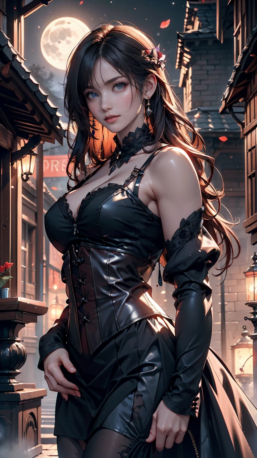 (Ultra-realistic illustration)、(A high resolution image)、(The woman is highly detailed)、(Best Illustration)、(Professional lighting)、(Beautifully detailed eyes)、(Top-quality image)、(Ultra-detailed)、(Masterpiece)、(Wallpaper material)、(A woman with a detailed face)、(Independently posing)、(Long brown hair)、(Gothic clothes and rocker style)、(Exuding sex appeal)、(Holding a dagger in one hand)、(In the other hand, she clutches a bloody heart)、(Detailed textures