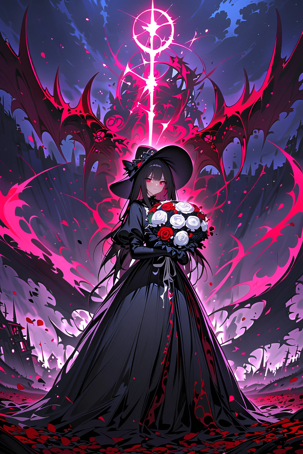 One , face not visible, black Gothic dress, black hat, holding white bouquet, standing, front, red and black petals flying in profusion, night, dark fantasy, cursed graveyard background