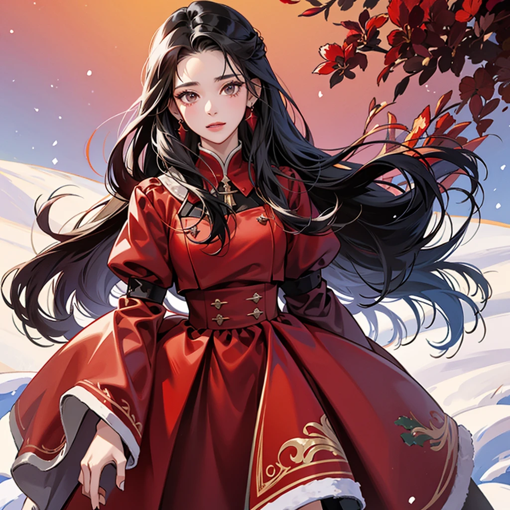  high definition , 1 Female, Alone,  Hip Up, ( detailed face ),  black hair,  long hair, red christmas style dress、,Beautiful clothes,  jewelry, snowy landscape background 