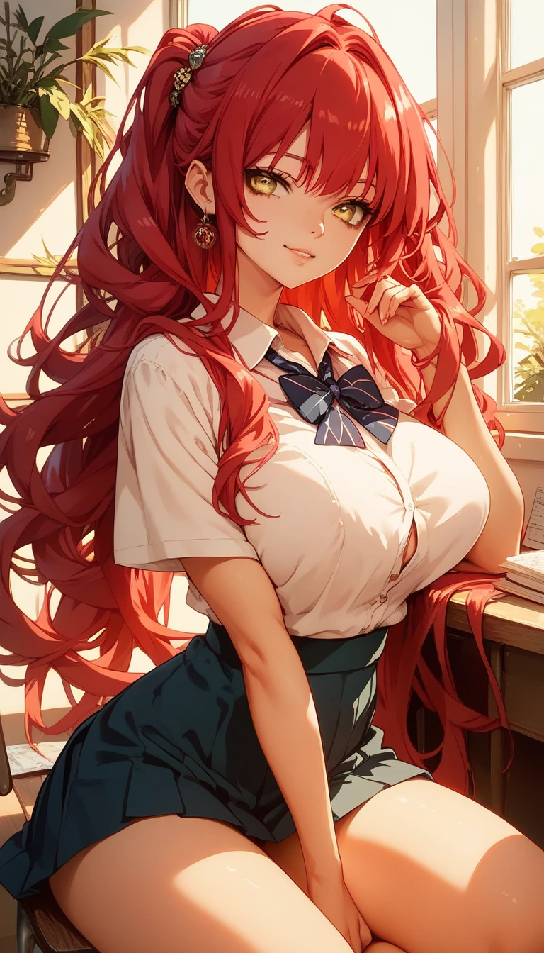 girl, big breasts, lewd expression, long hair, looking at the viewer, yellow eyes, sidelocks, red hair, school girl, micro skirt, school background