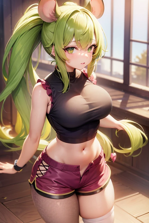 Female, mouse girl, lime green eyes, sleeveless shirt, small waist, burgandy hair, shorts, large breasts, bangs, ponytail, fishnet stockings, gold ears, gold tail