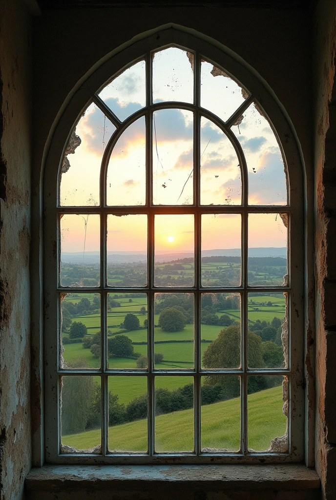 Large arched distressed window Outside view through the window of ...